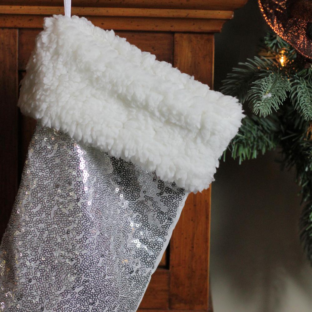 18" Silver Sequins With a White Faux Fur Trim Christmas Stocking. Picture 3