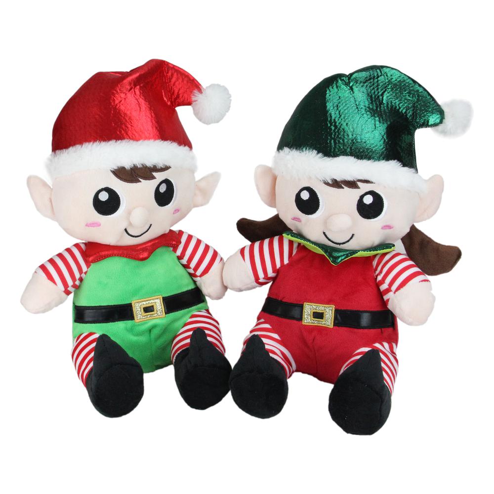 Set of 2 Red Plush Sitting Boy and Girl Christmas Elf Figures 13". Picture 1