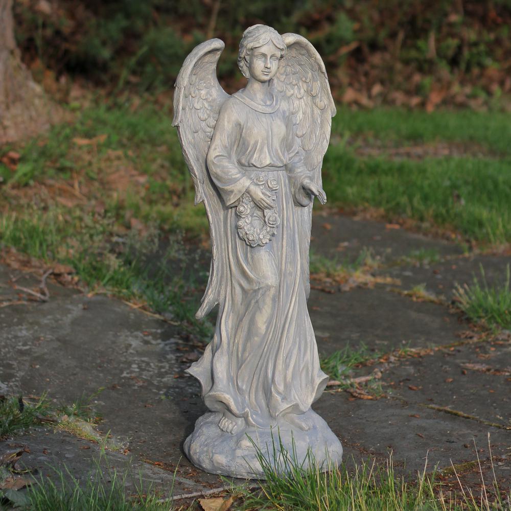 26" Distressed Finish Angel with Floral Wreath Outdoor Garden Figure. Picture 3