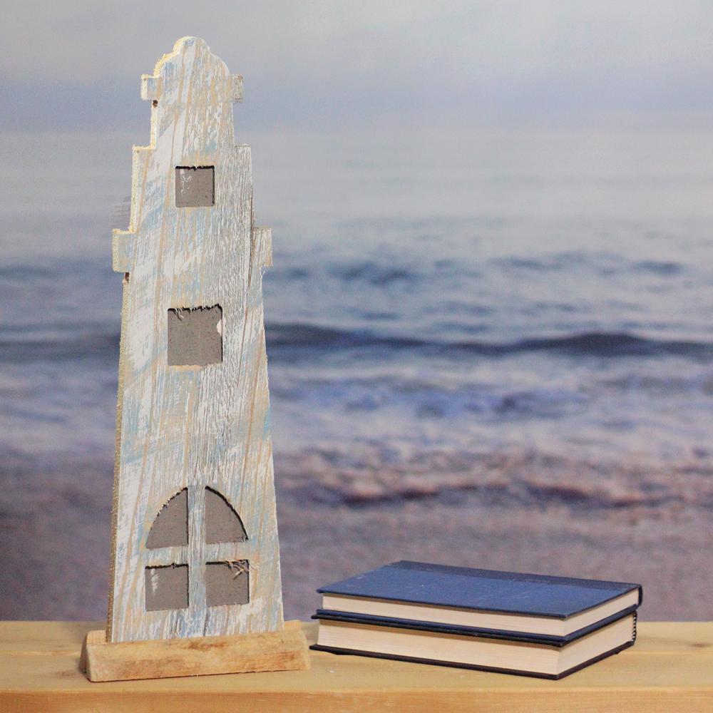 19" Distressed Finished White and Blue Nautical Lighthouse Tabletop Decoration. Picture 3