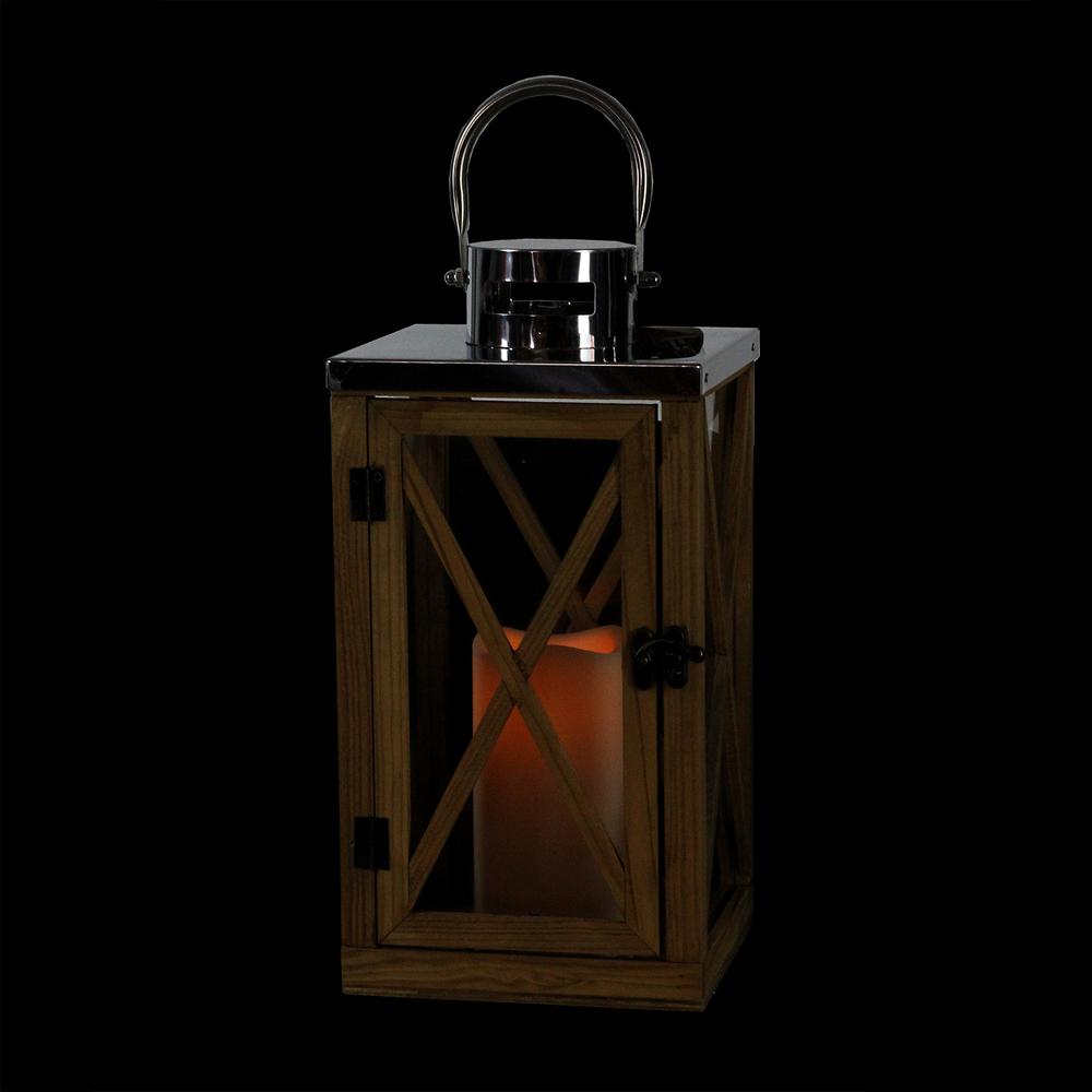 13.5" Rustic Wood and Stainless Steel Lantern with LED Flameless Pillar Candle with Timer. Picture 3