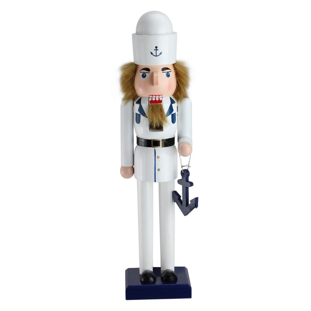 15" White and Blue Navy Sailor with Anchor Wooden Christmas Nutcracker. The main picture.