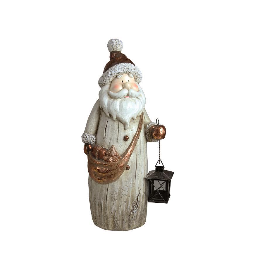 19.75" Ivory Santa with Tea Light Candle Lantern and Shoulder Bag Christmas Figurine. Picture 1
