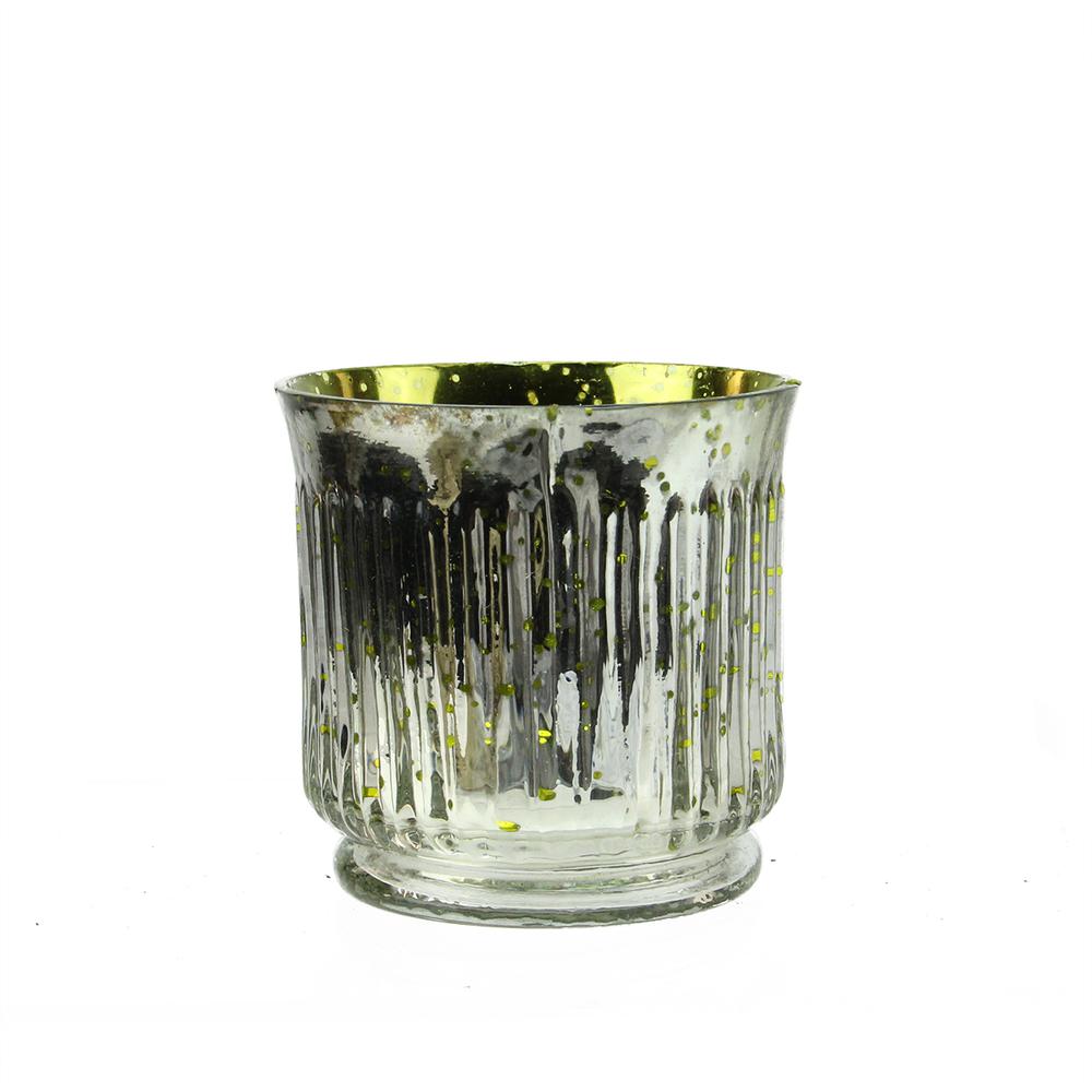 Set of 4 Yellow and Silver Ribbed Mercury Glass Decorative Votive Candle Holders 3.25". Picture 1