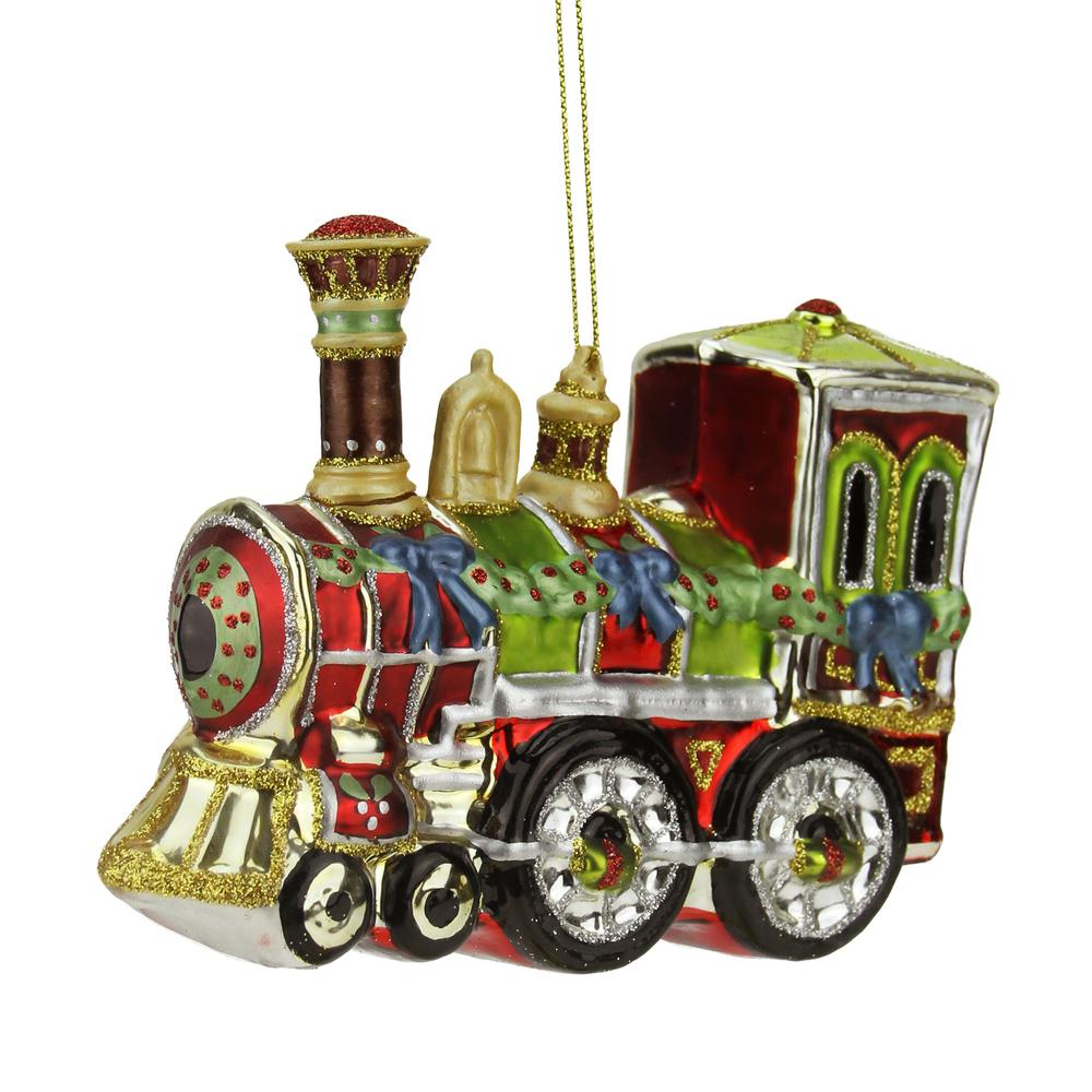5.5" Red and Green Contemporary Train Christmas Ornament. Picture 1