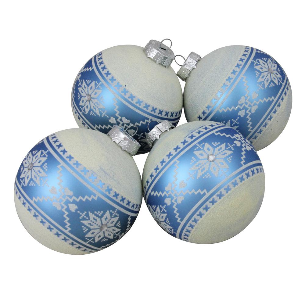 4ct Blue and White Nordic Fair Isle Glass Ball Christmas Ornaments 4-Inch. Picture 1
