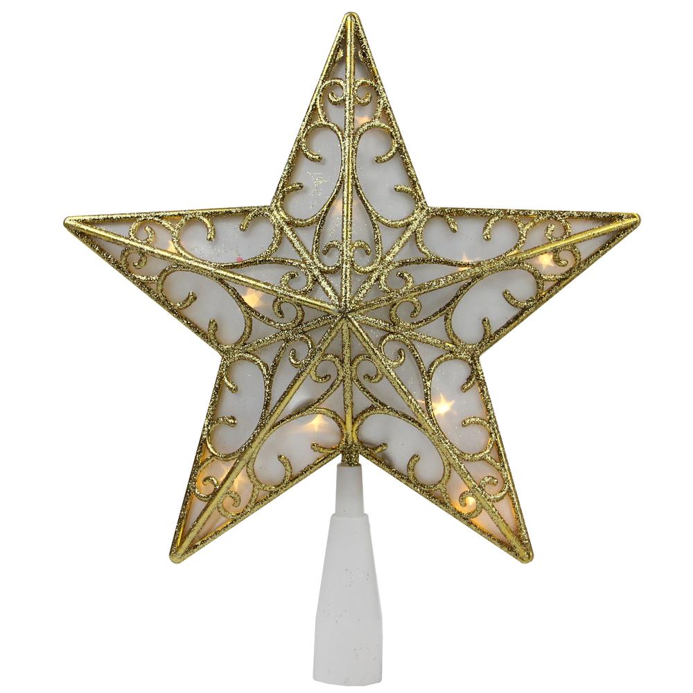 9" Gold and White Glittered Star LED Christmas Tree Topper - Warm White Lights. Picture 1