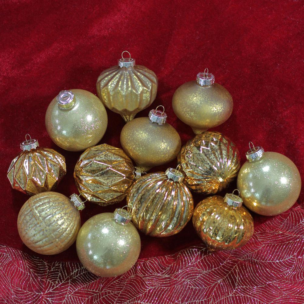 12ct Gold Mercury Glass Style Glass Christmas Ornament Set 3". Picture 2