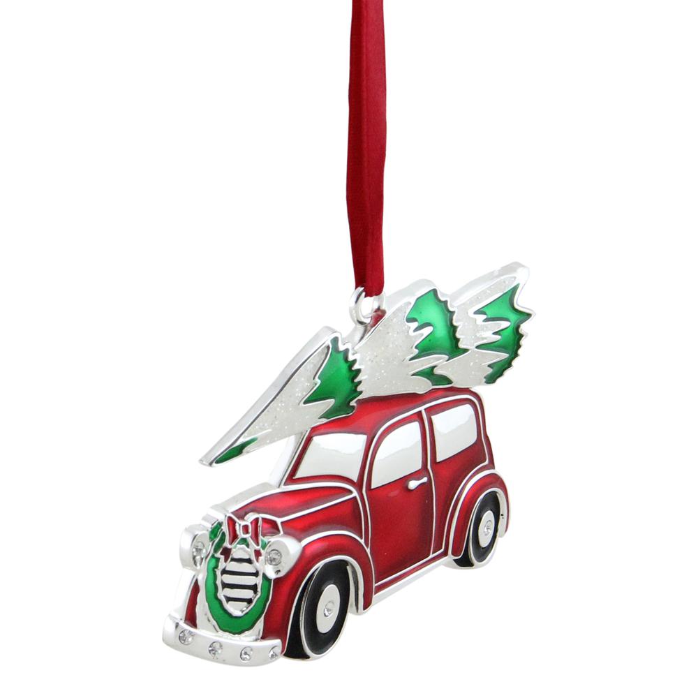 3.25" Red and White Car with Tree Christmas Ornament. Picture 2