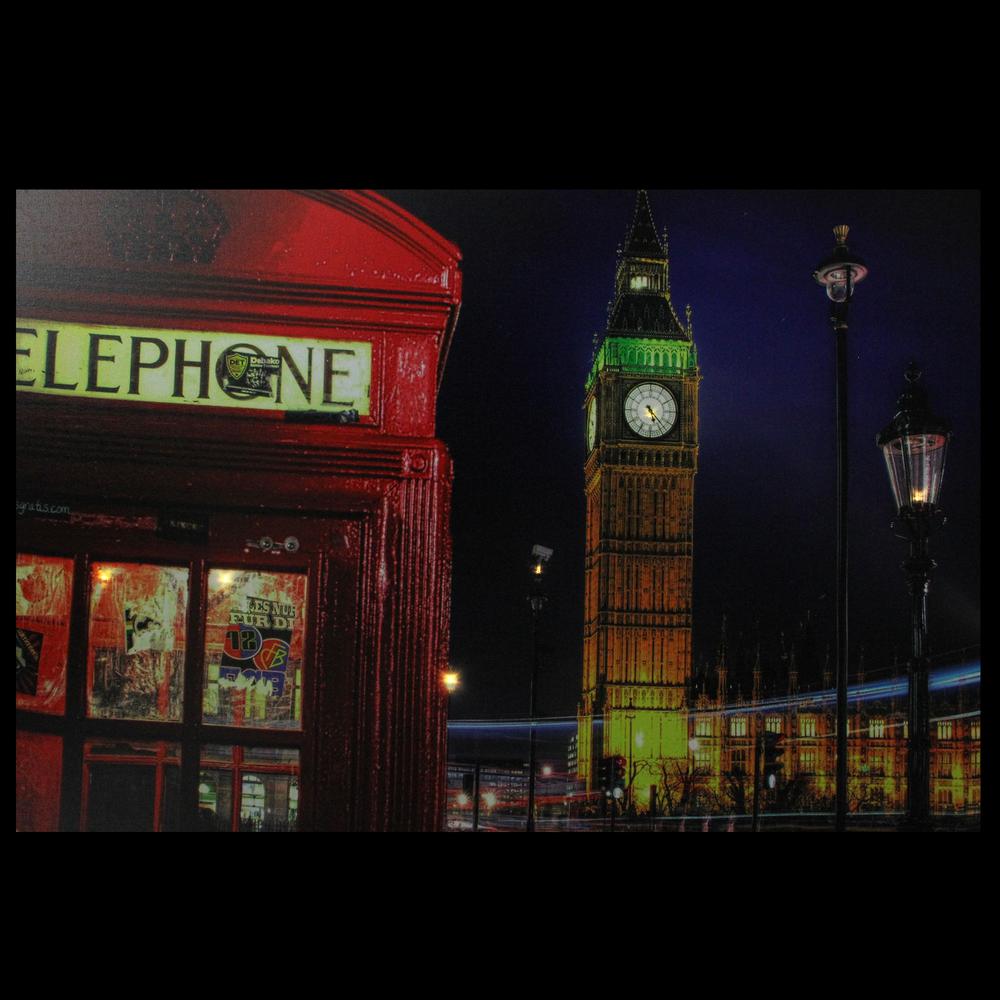 LED Lighted Famous Big Ben and Red Telephone Box London Canvas Wall Art 15.75" x 23.5". Picture 2