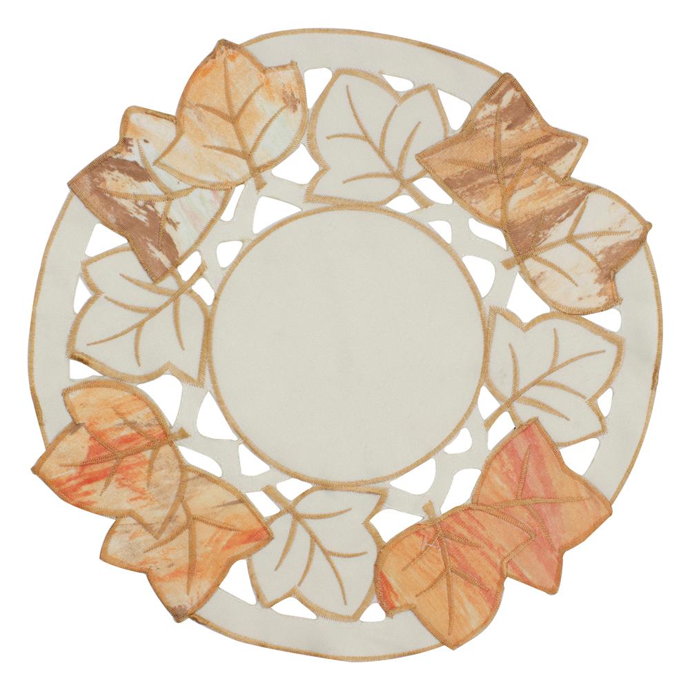 12" White and Beige Embroidered Fall Leaf Thanksgiving Doily. Picture 1