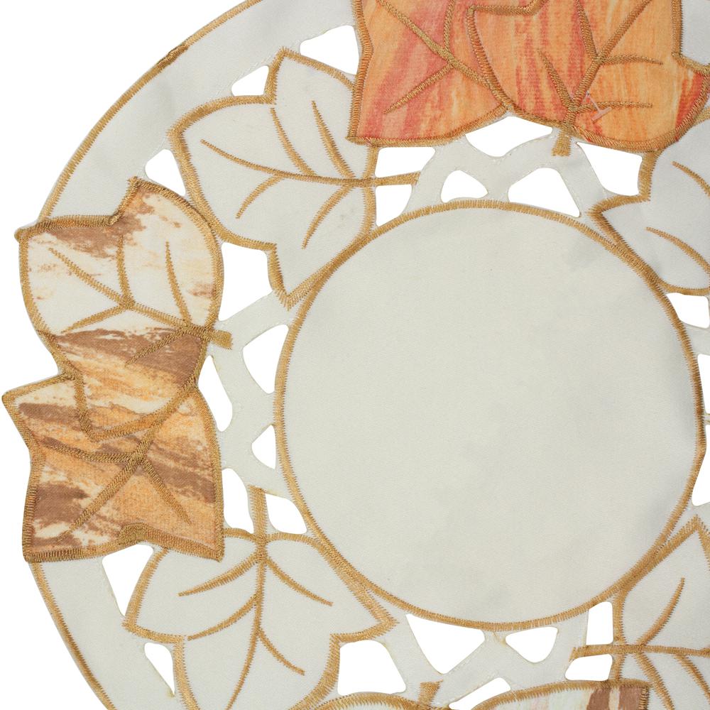 12" White and Beige Embroidered Fall Leaf Thanksgiving Doily. Picture 3