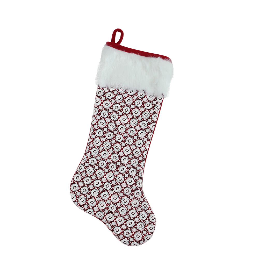 20.5" Red and White Lace Christmas Stocking with Cuff. Picture 1