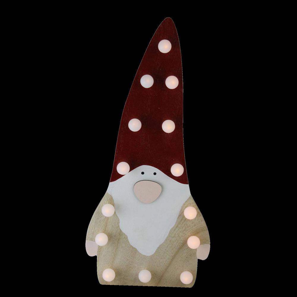 16" Red and Beige Battery Operated LED Lighted Wooden Santa Gnome Figurine. Picture 1