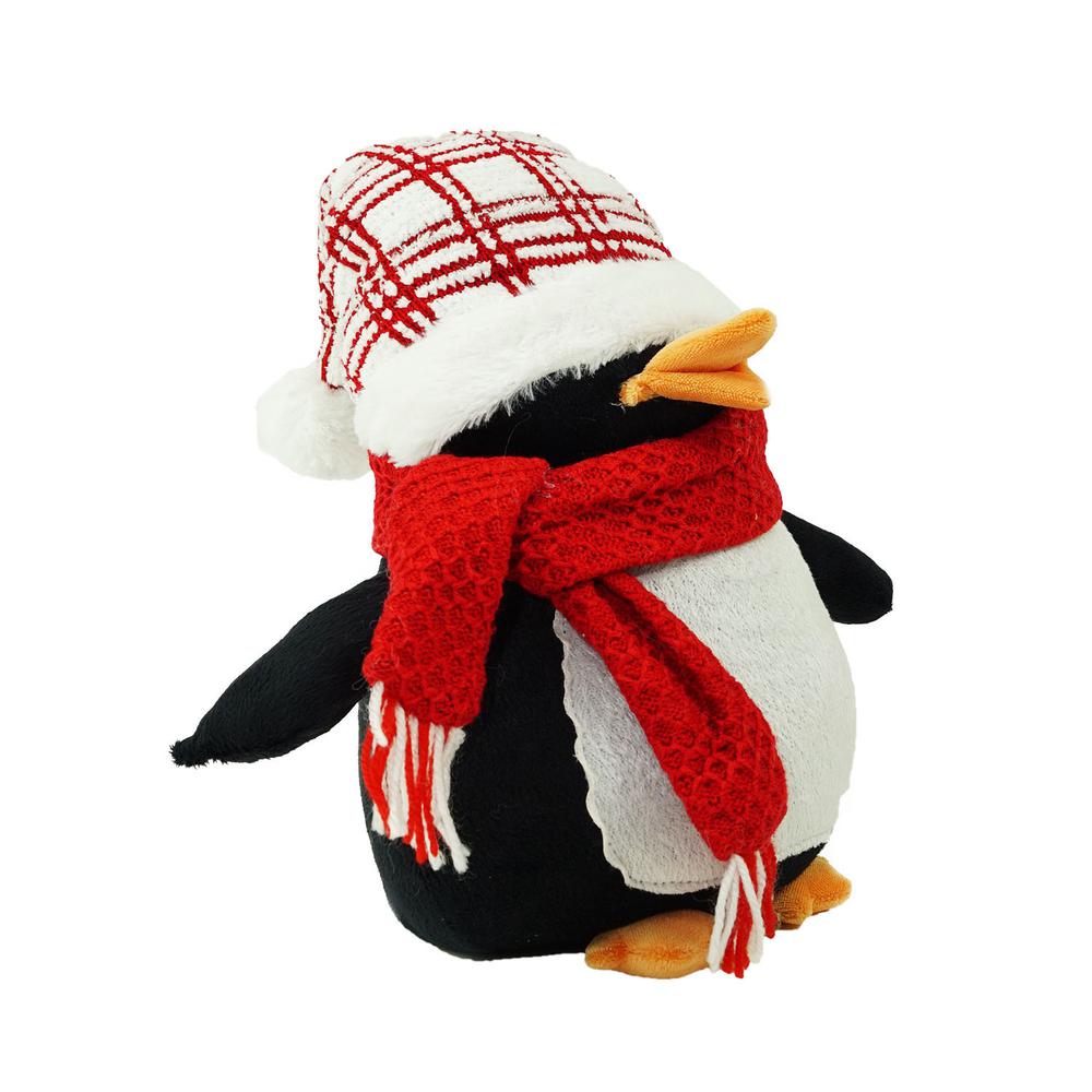 13.75" Black and Red Penguin Wearing a Scarf with Plaid Hat Christmas Tabletop Decoration. Picture 2