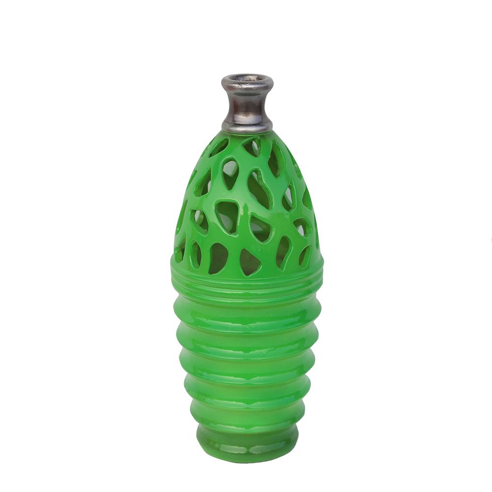 11.25" Lime Green and Gray Decorative Outdoor Patio Cutout Vase. Picture 1