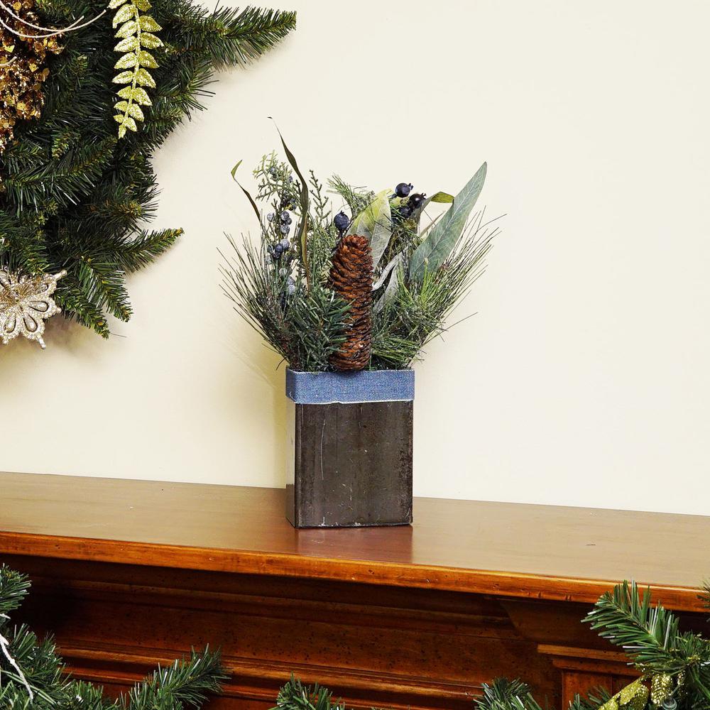13" Green and Blue Square Potted Frosted Blueberry Artificial Christmas Arrangement. Picture 3