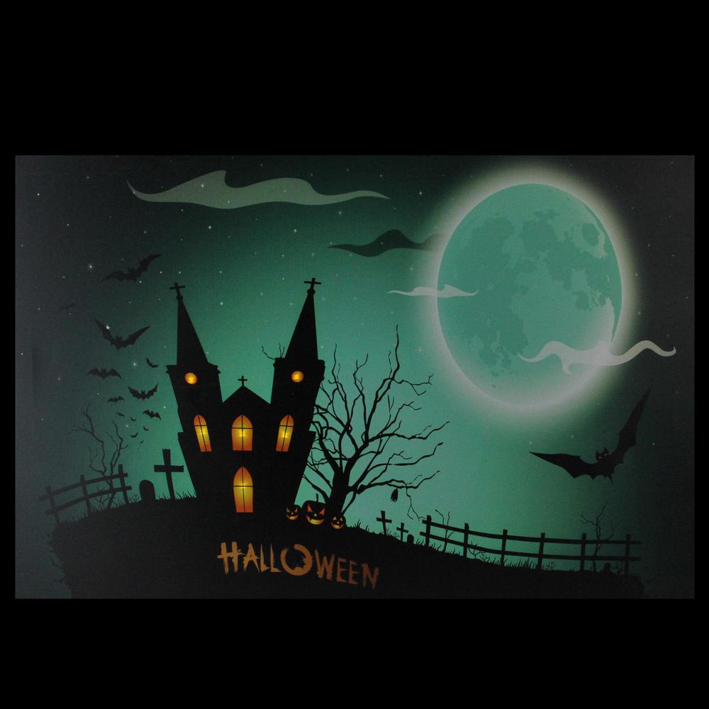 Green and Black LED Lighted Eerie Church in Cemetery Halloween Canvas Wall Art 23.5" x 15.5". Picture 3