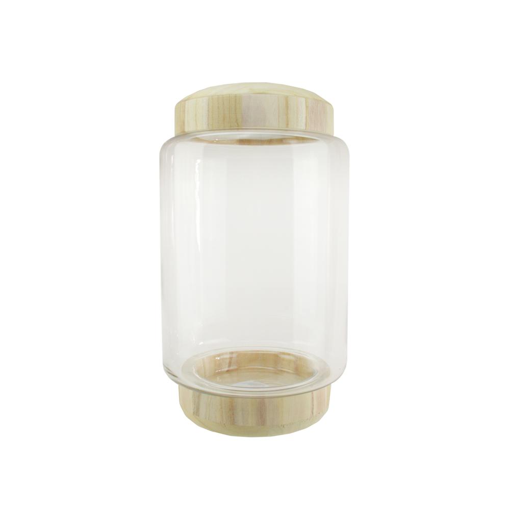 13.5" Clear and Beige Round Container with Base. Picture 1