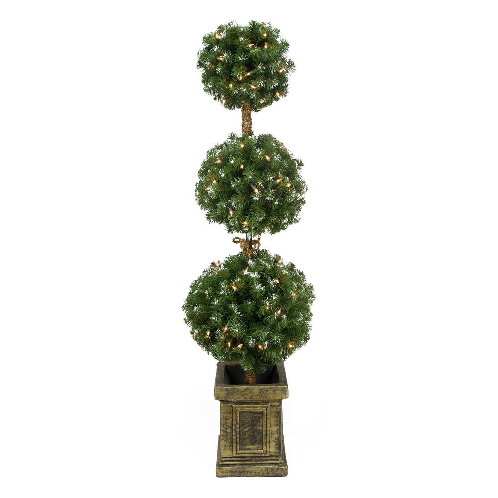 4.5' Pre-Lit Frosted Triple Ball Artificial Topiary Tree in Decorative Pot - Clear Lights. Picture 1