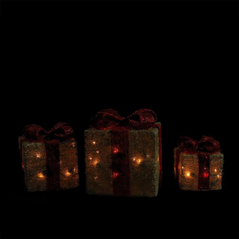 Set of 3 Gold and Red Lighted Gift Boxes Outdoor Christmas Decorations 10". Picture 2