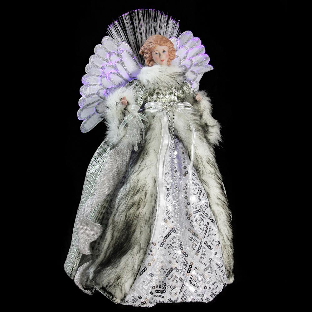 16" Lighted Fiber Optic Angel in Silver Gingham Coat Christmas Tree Topper. Picture 2