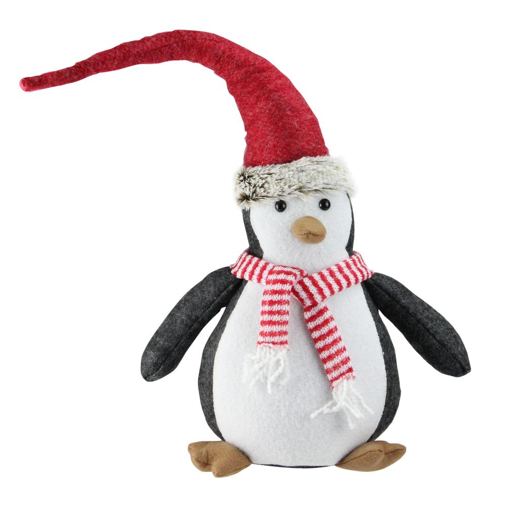 16" Black and White Penguin Striped Scarf and Santa Hat Christmas Figure. Picture 2