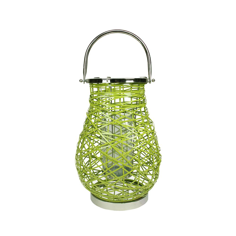 18.5" Modern Green Decorative Woven Iron Pillar Candle Lantern with Glass Hurricane. The main picture.