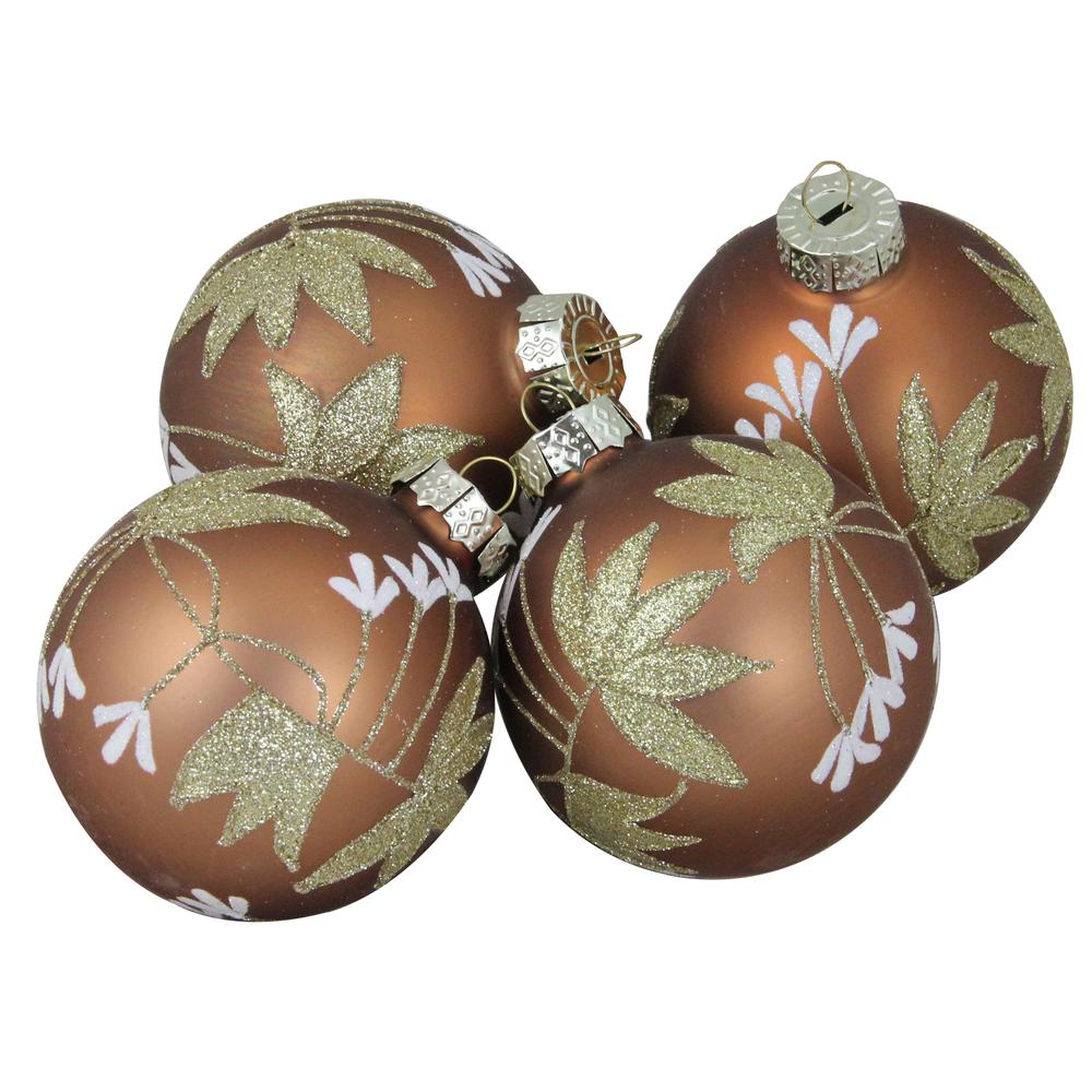 4ct Brown and Gold 2-Finish Floral Glass Christmas Ball Ornaments 3.25" (80mm). Picture 1