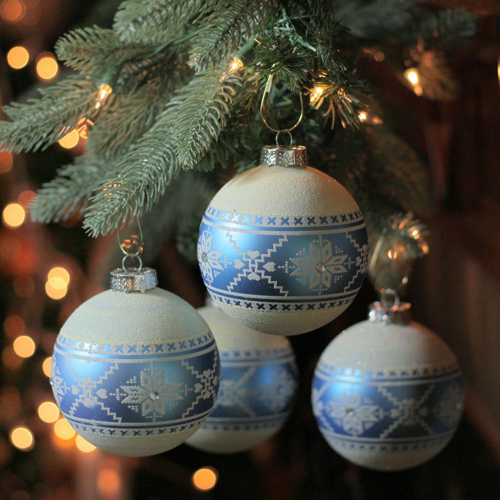4ct Blue and White Nordic Fair Isle Glass Ball Christmas Ornaments 4-Inch. Picture 2