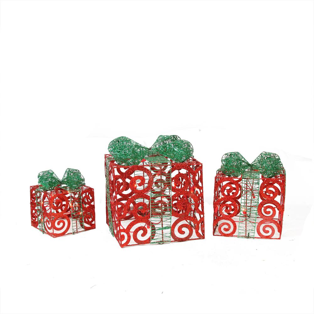 Set of 3 Lighted Sparkling Red Swirl Glitter Gift Boxes Outdoor Christmas Decorations. Picture 1