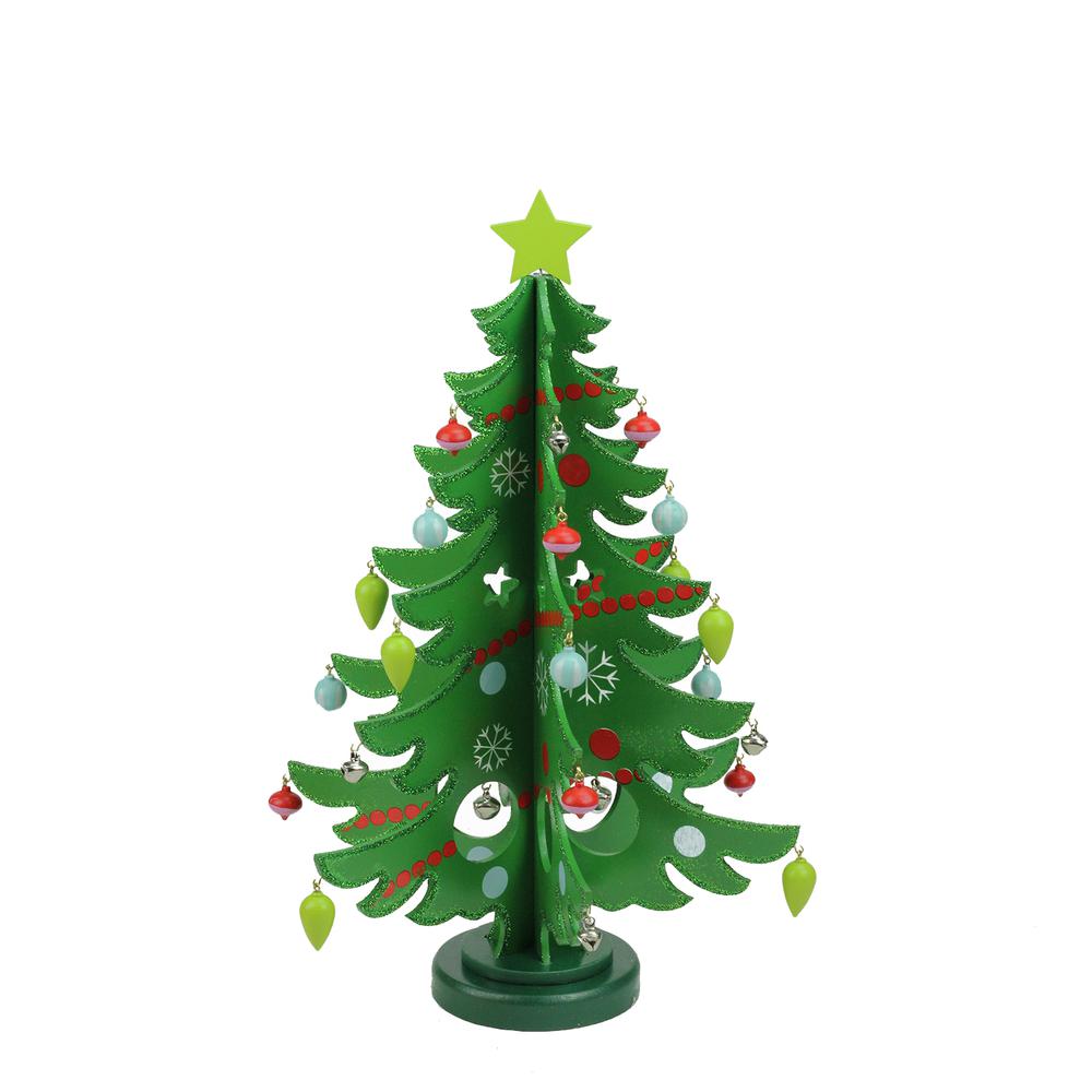 13.75" Green Christmas Tree Cut Out With Ornaments Table Top Decor. Picture 1