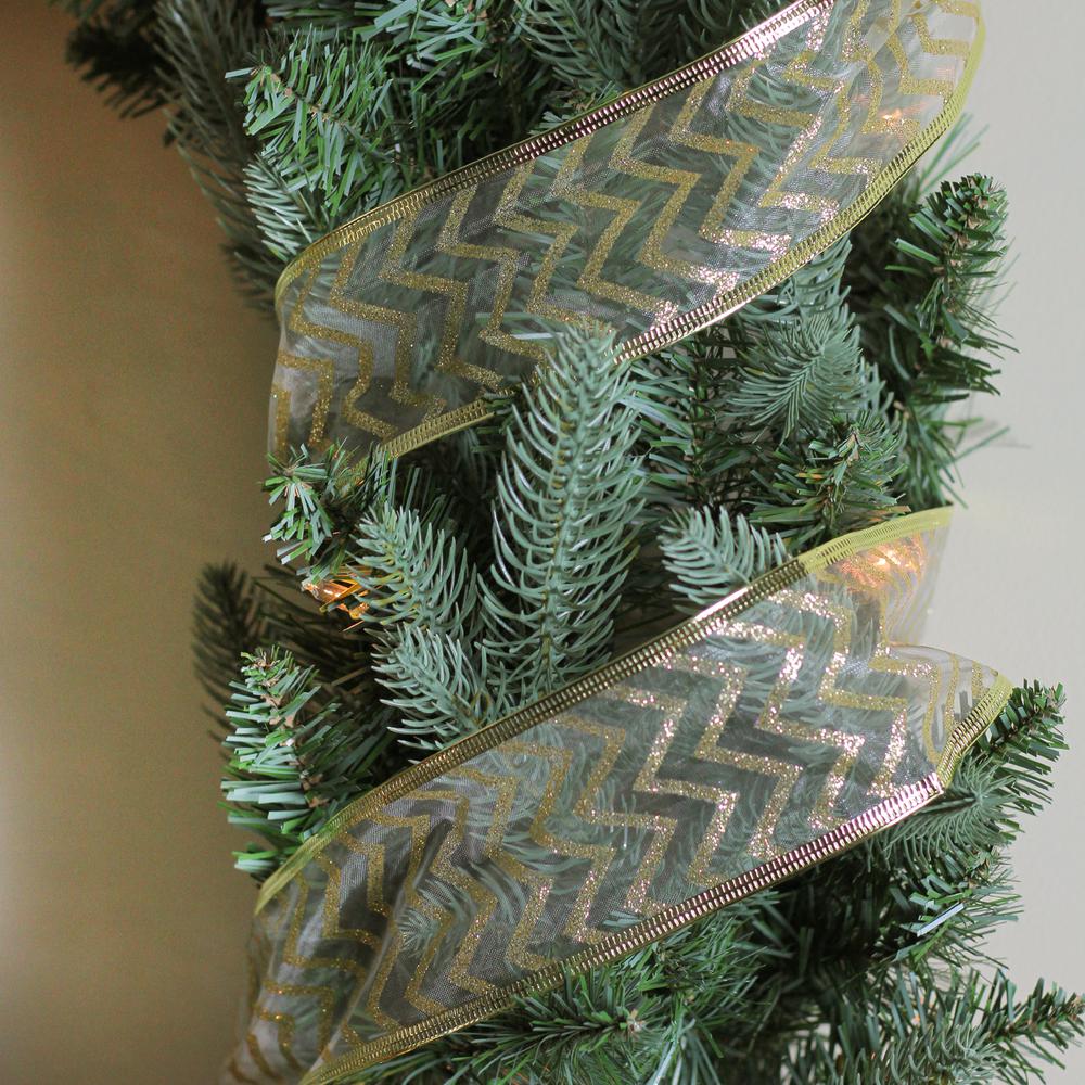 Sparkling Green Chevron Print Wired Christmas Craft Ribbon 2.5" x 120 Yards. Picture 3
