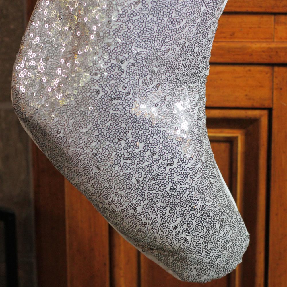 18" Silver Sequins With a White Faux Fur Trim Christmas Stocking. Picture 4