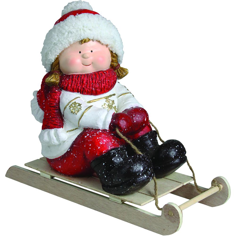 8.5" Christmas Morning Red & White Girl on a Sled Decorative Christmas Tabletop Figure. The main picture.