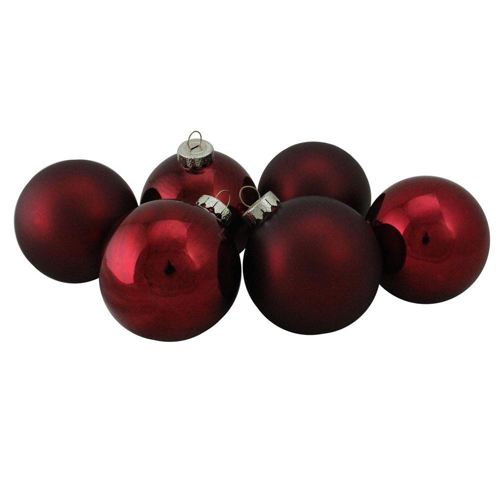 6ct Burgundy Red 2-Finish Glass Ball Christmas Ornaments 3.25" (80mm). The main picture.