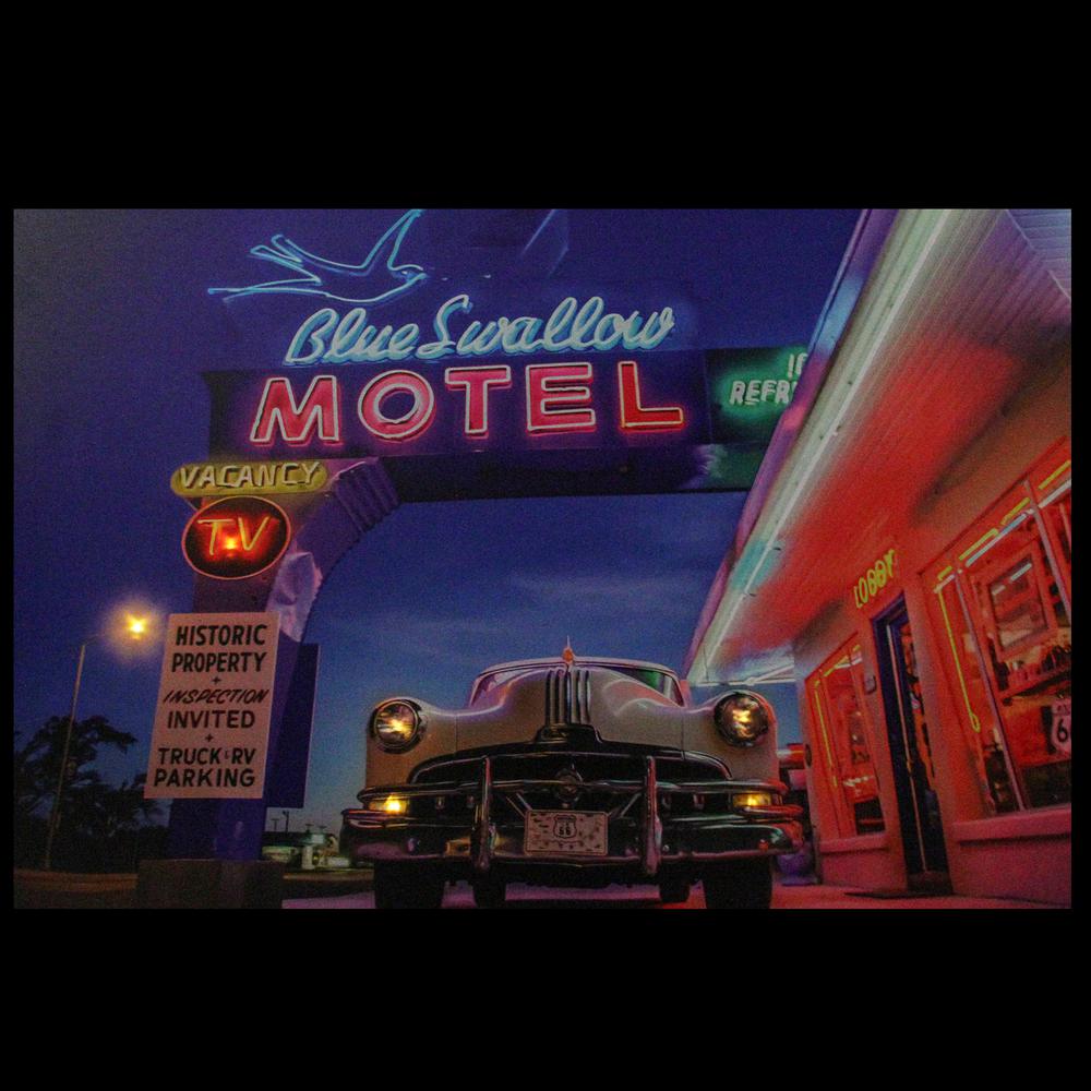LED Lighted Famous Blue Swallow Motel with Classic Car Canvas Wall Art 15.75" x 23.75". Picture 2