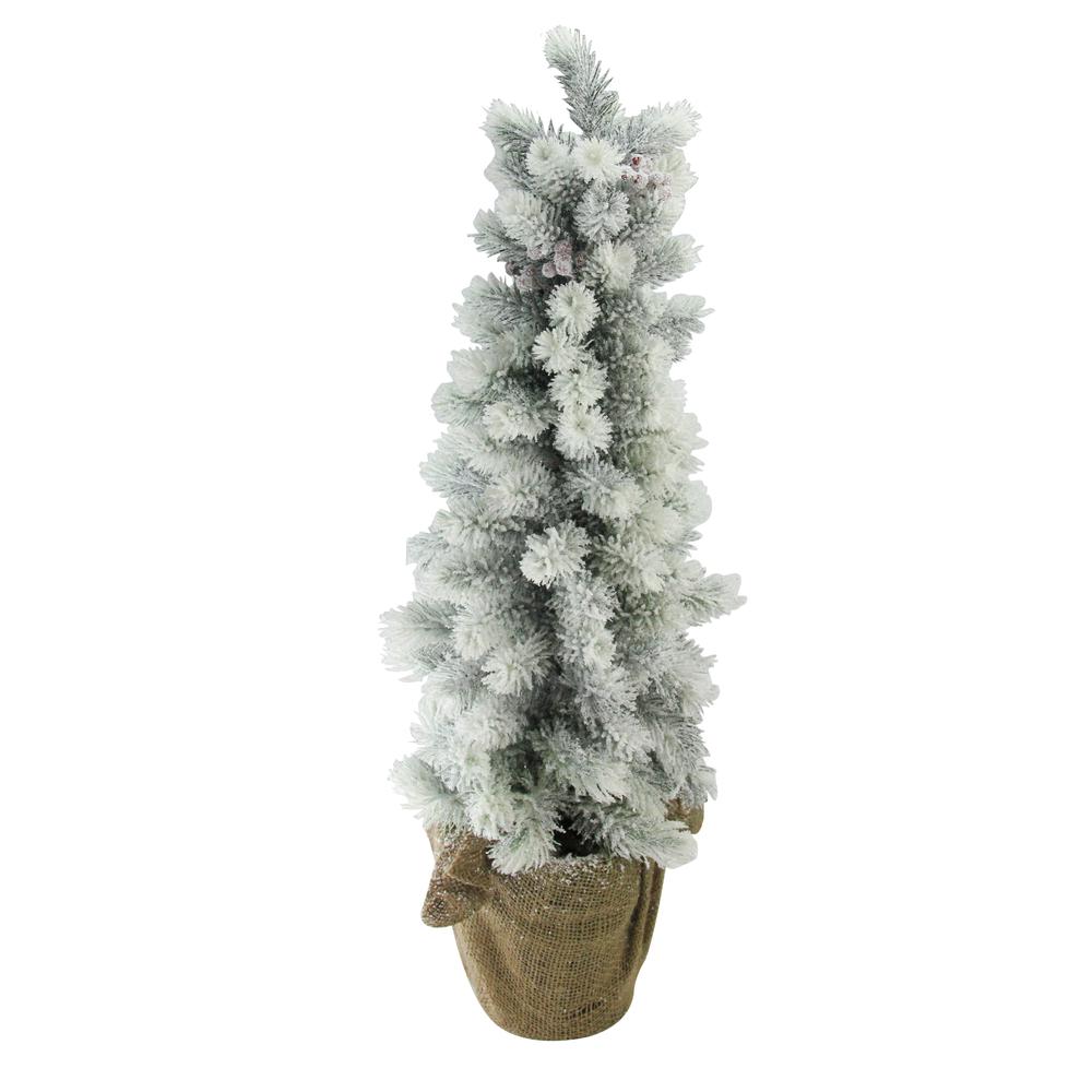 2.3' Potted Flocked Mini Pine Slim Christmas Tree with Berries - Unlit. Picture 1