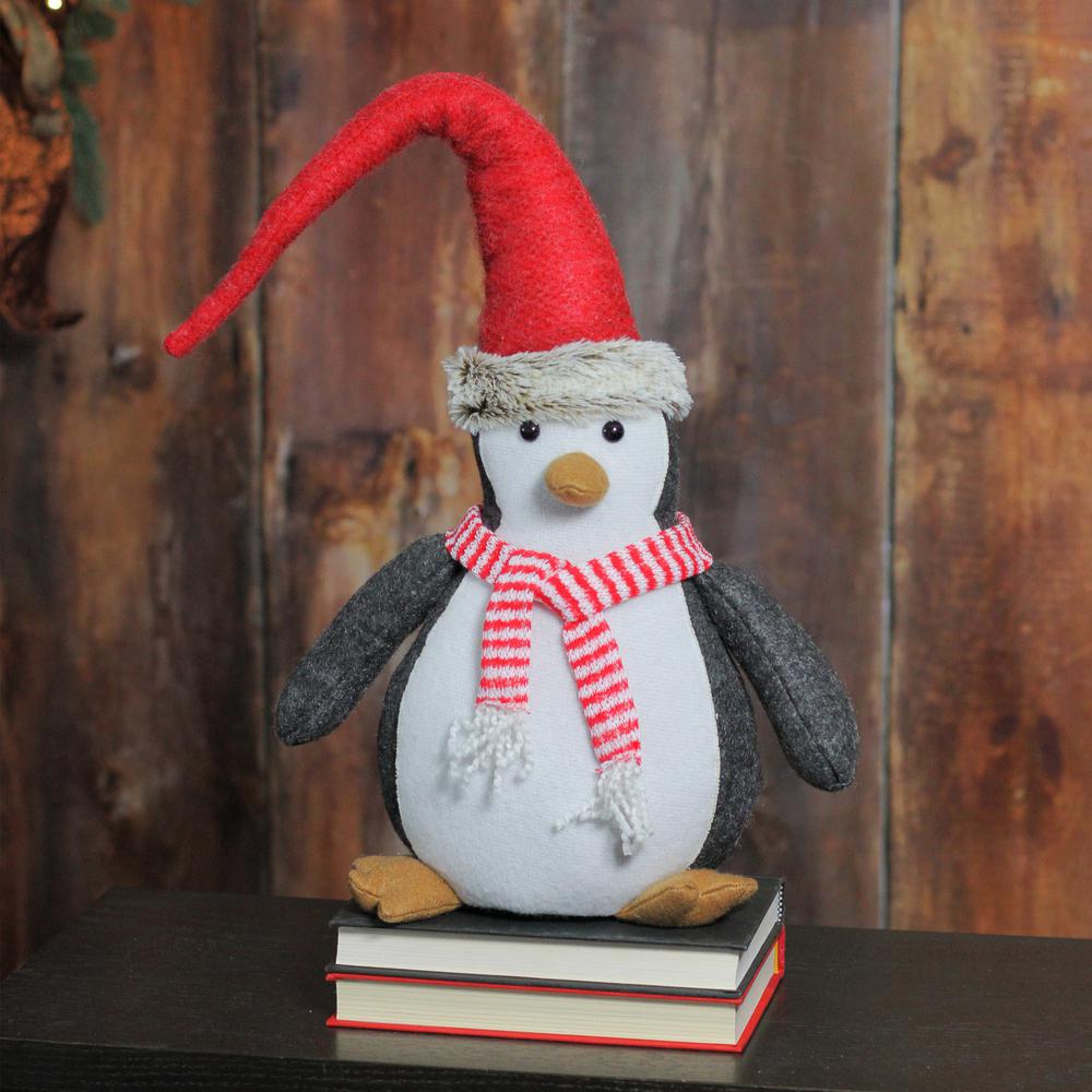 16" Black and White Penguin Striped Scarf and Santa Hat Christmas Figure. Picture 4