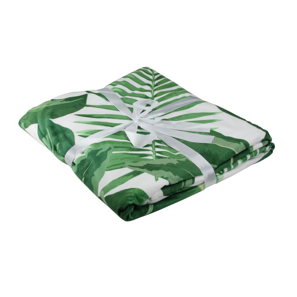 White and Green Tropical Leaves Plush Fleece Throw Blanket 50" x 60". Picture 3