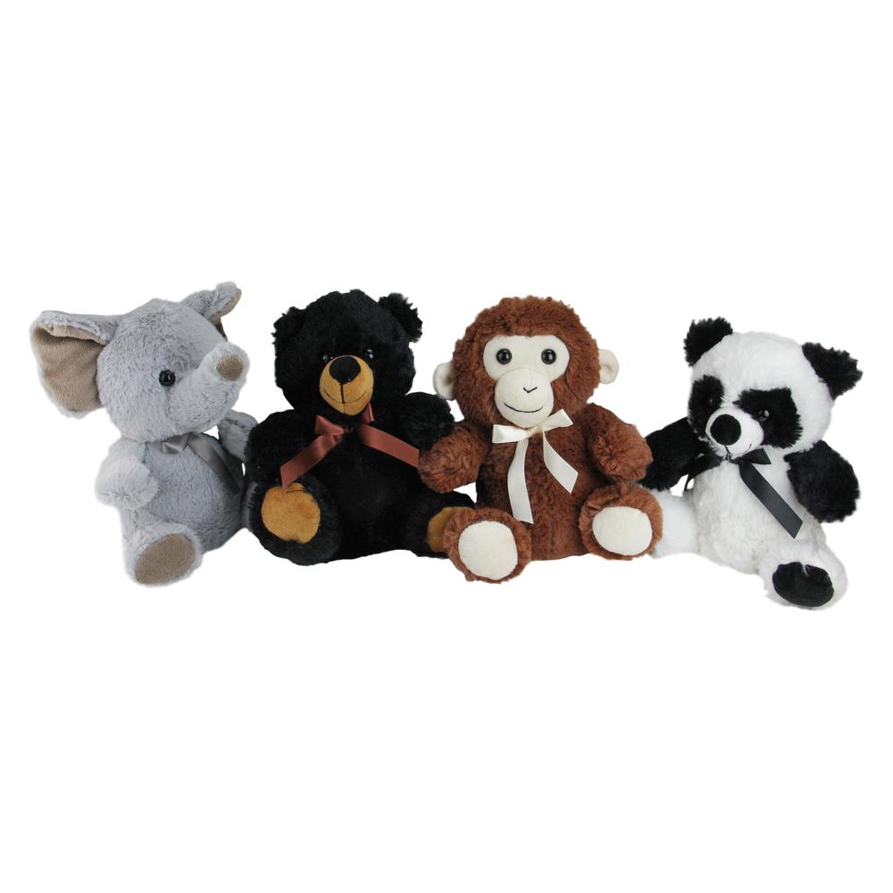 Pack of 4 Plush Sitting Bear  Elephant  Monkey and Panda Stuffed Animal Figures 9". Picture 1