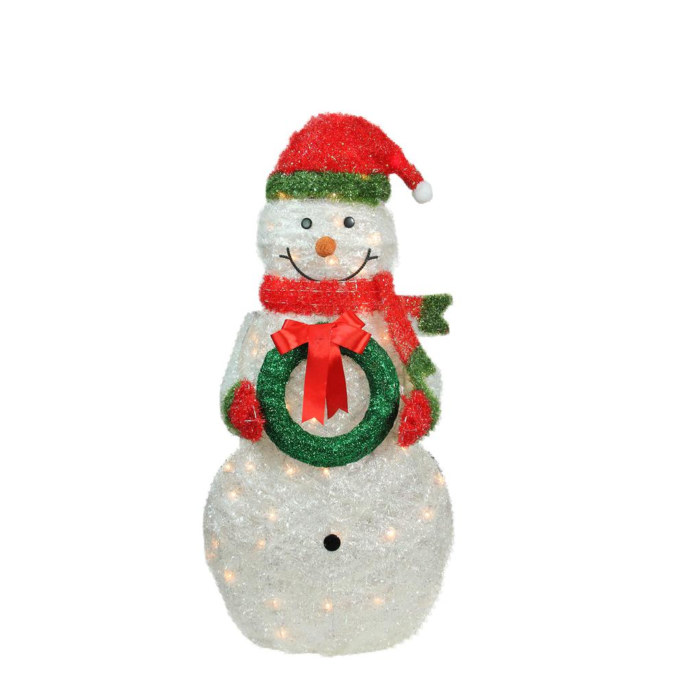 38" Lighted White and Red Tinsel Snowman with Wreath Outdoor Christmas Decoration. Picture 1