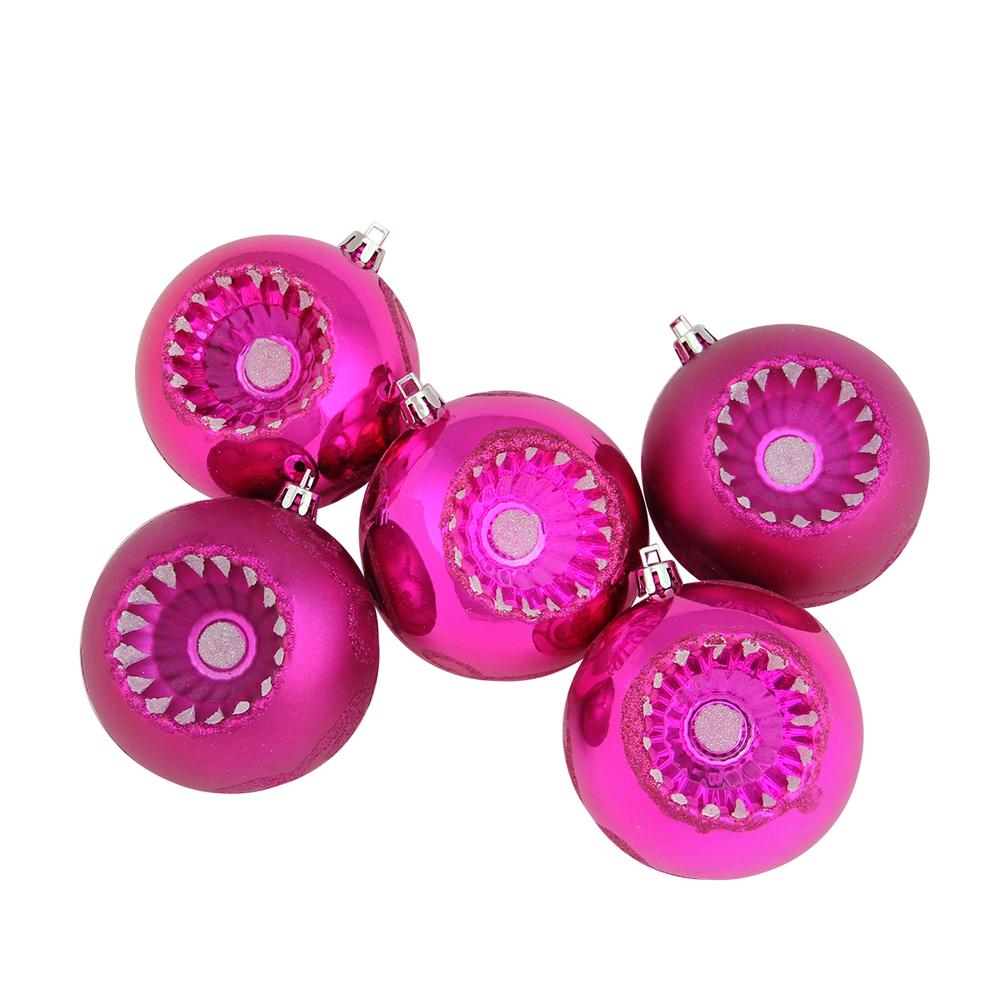 5ct Pink Retro Reflector Shatterproof 2-Finish Christmas Ball Ornaments 3.25" (80mm). Picture 1