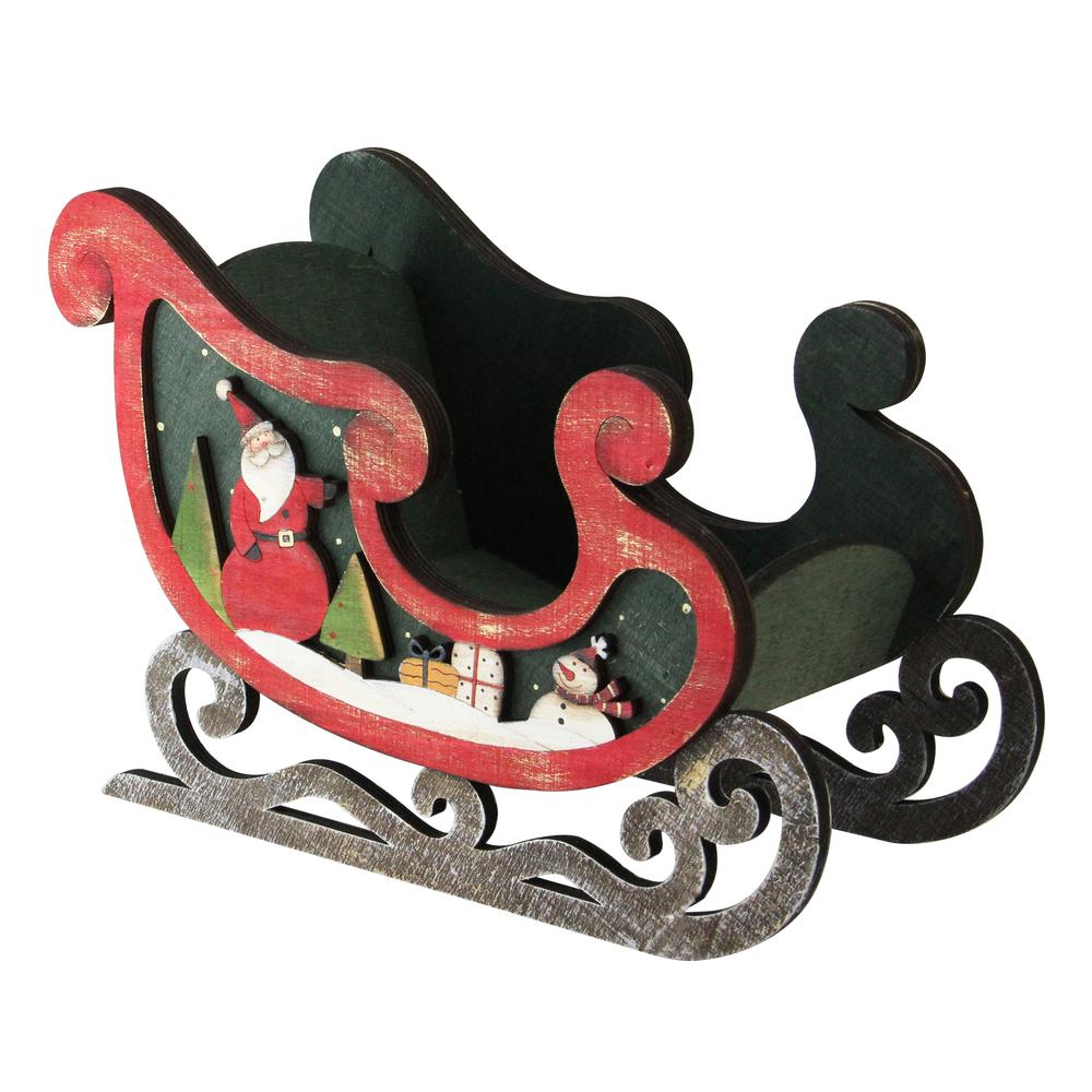 8" Red and Green Sleigh with Santa Claus and Snowman Christmas Decoration. Picture 1