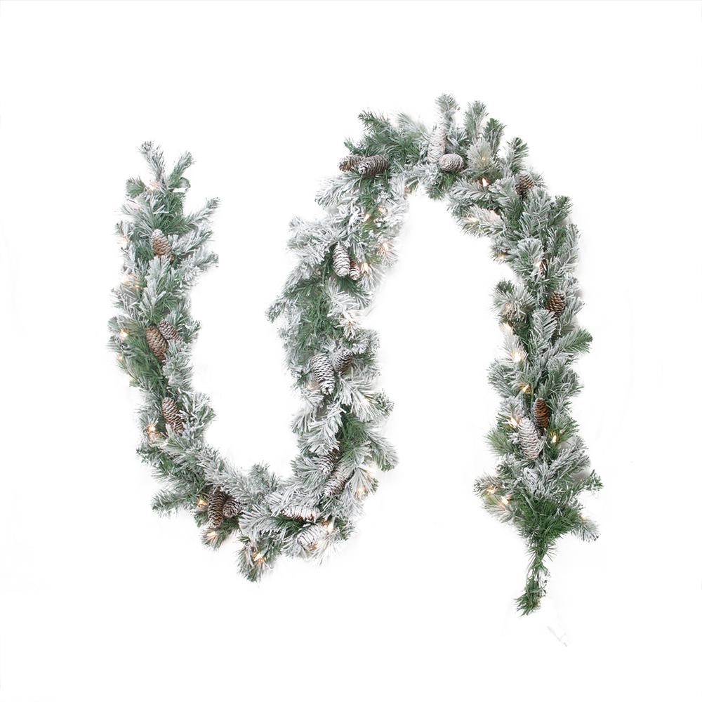 9' x 8" Pre-lit Flocked Victoria Pine Artificial Christmas Garland - Clear Lights. Picture 1