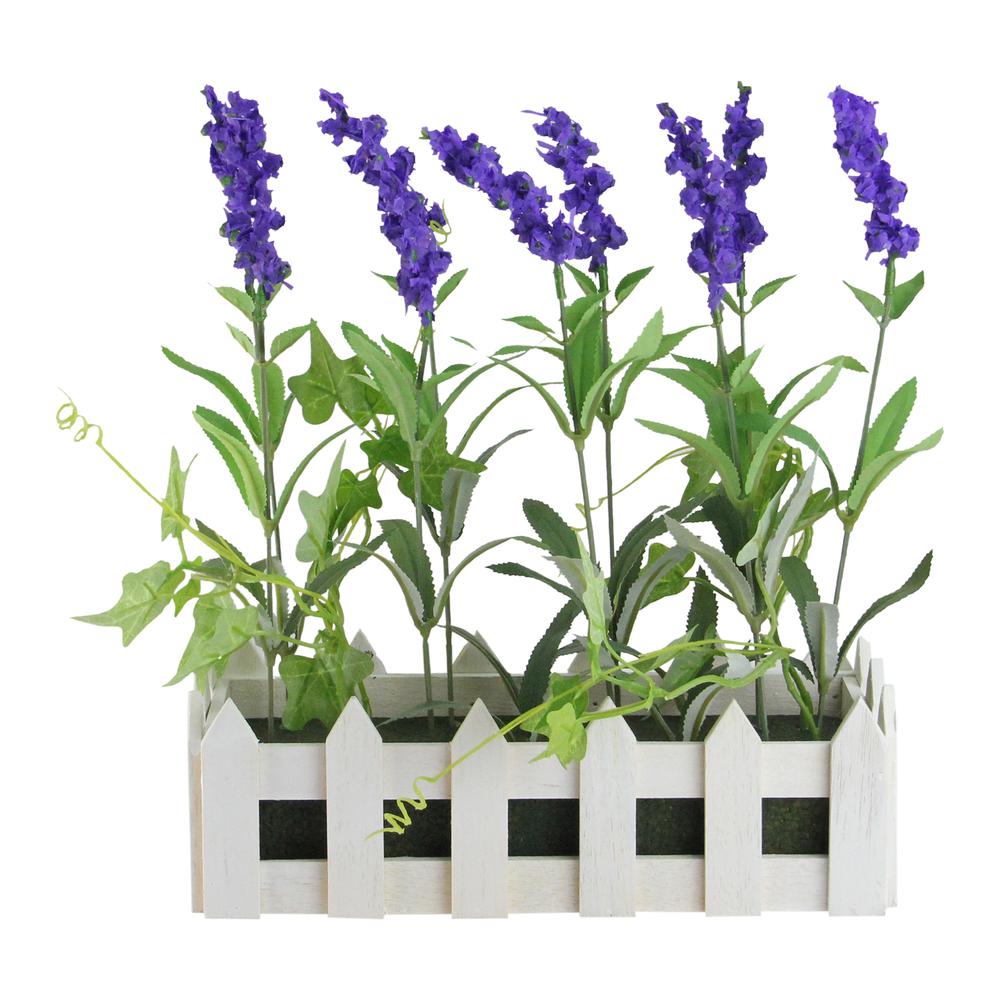 11.75" Artificial Flowering Lavender Plant in White Picket Fence Container. Picture 1