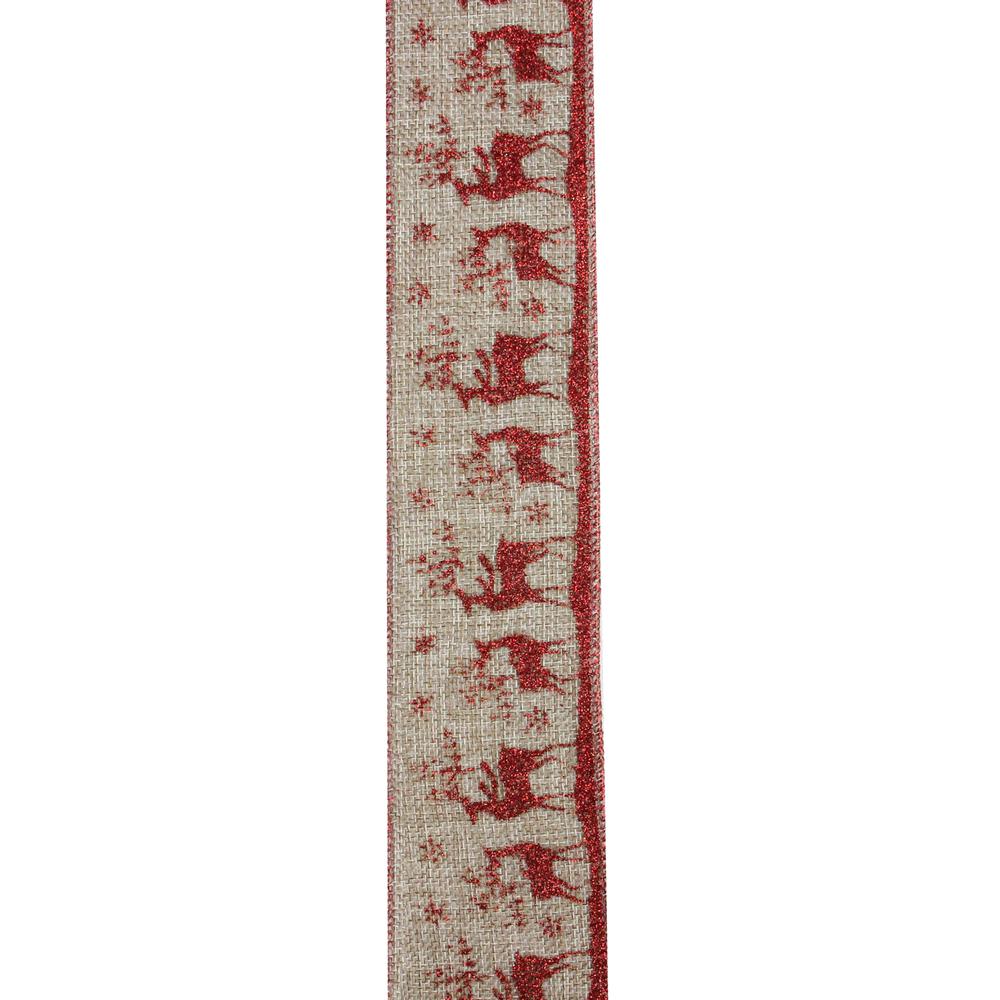 12" Red and Brown Burlap Reindeer Wired Christmas Craft Ribbon Spools - 2.5" x 12 Yards. Picture 2