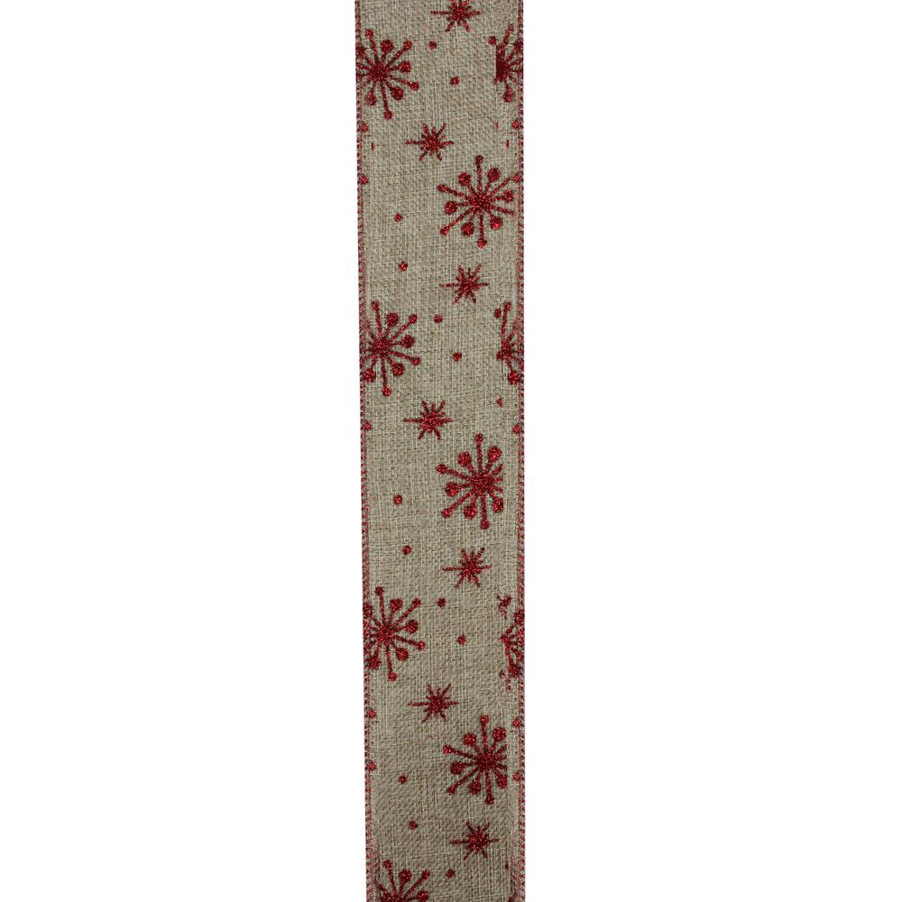 Club Pack of 12 Red Snowflake and Beige Burlap Wired Christmas Craft Ribbon Spools - 2.5" x 10 Yards Total. Picture 2
