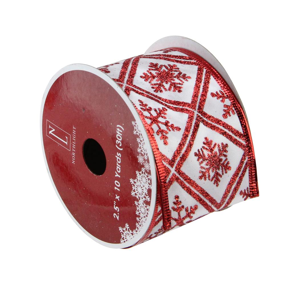 Club Pack of 12 White and Red Snowflake Wired Christmas Craft Ribbon Spools 2.5" x 120 Yards. Picture 1