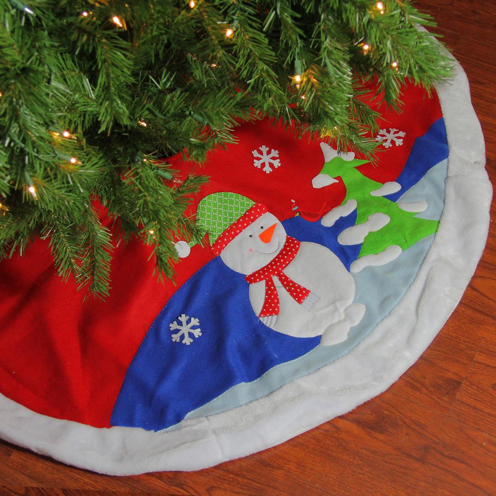 48" Red Fleece Christmas Snowman Winter Tree Skirt with White Faux Fur Trim. Picture 2